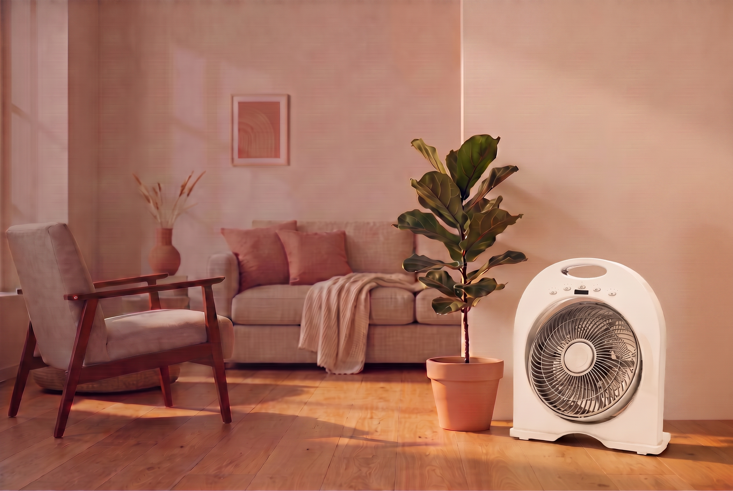 CASCADE Capri 2-in-1 fan and ceramic heater combo in a warm minimalist living room